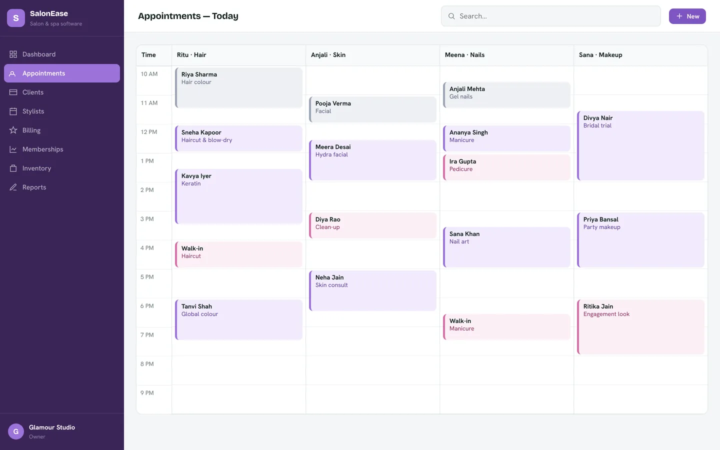 SalonEase appointments screen