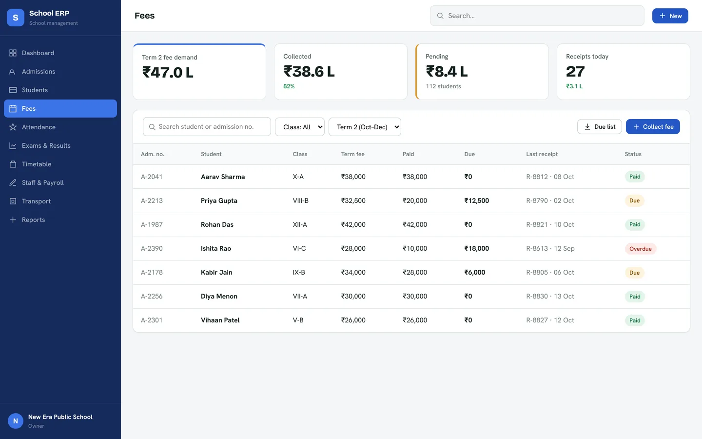School ERP fees screen